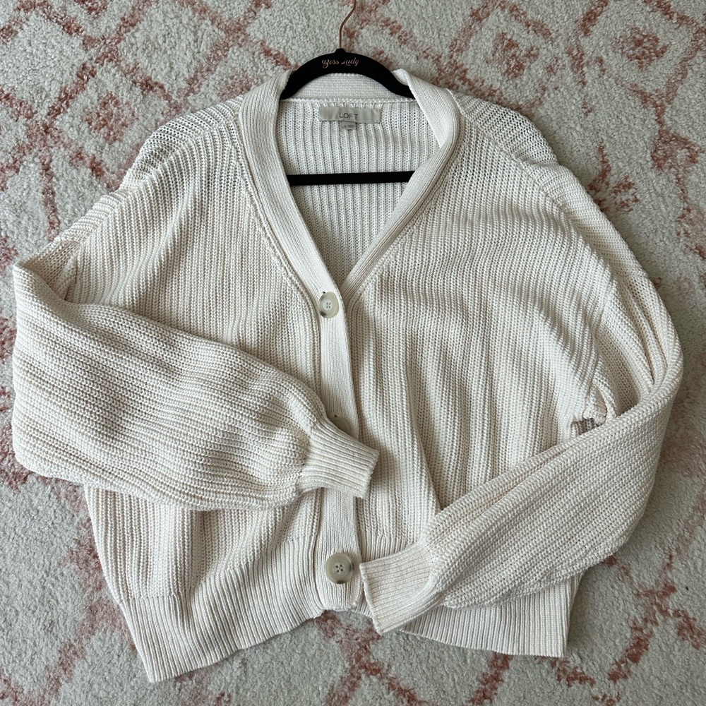 LOFT Cream Button-Front Ribbed Cardigan